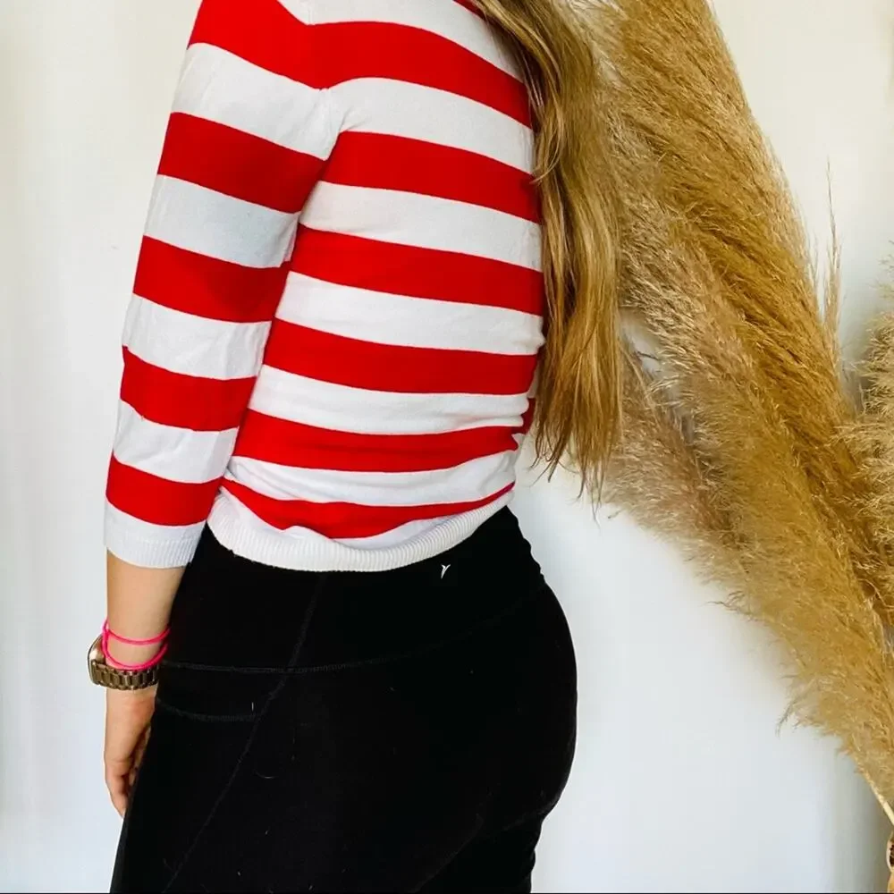 VINTAGE H&M LOGG Red White VNeck Striped 3/4 Sleeve Cropped Pullover Sweater M - Picture 3 of 9
